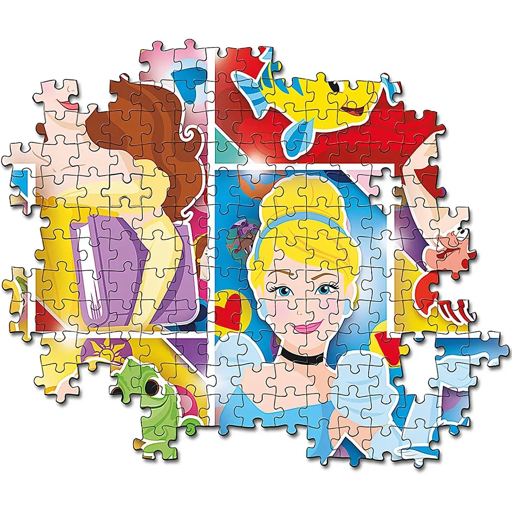 Un colorido rompecabezas de princesas de Disney con Cenicienta, Ariel y otros personajes en diferentes paneles.