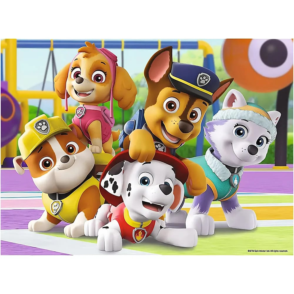 Fünf Paw-Patrol-Charaktere lächeln fröhlich vor einem bunten Hintergrund.