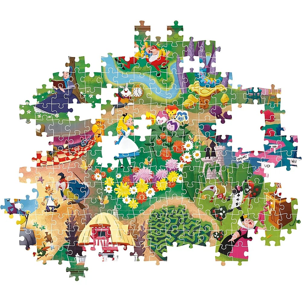 Un puzzle incompleto di Alice nel Paese delle Meraviglie mostra Alice, il Bianconiglio e altri personaggi.