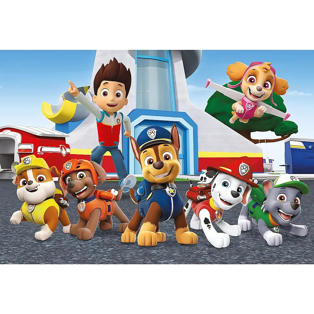 Ryder und seine Paw-Patrol-Welpen stehen vor ihrer Zentrale.