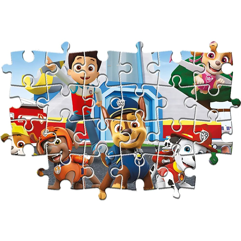 Ein Paw-Patrol-Puzzle zeigt Ryder und Hunde vor einer Basis.