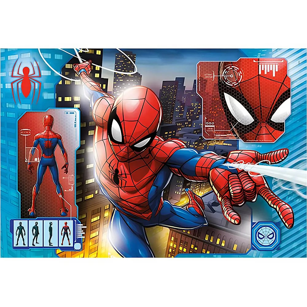 Spider-Man se balancea por una ciudad de noche con interfaces digitales.