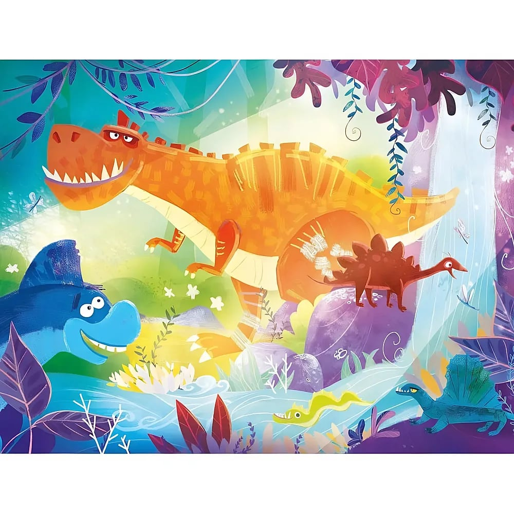 Een kleurrijke illustratie toont verschillende vriendelijke dinosaurussen in een levendige prehistorische jungle.