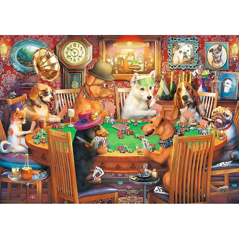 Dogs sitting around a green table playing poker, with cards, chips, and drinks, in a room with patterned red walls.