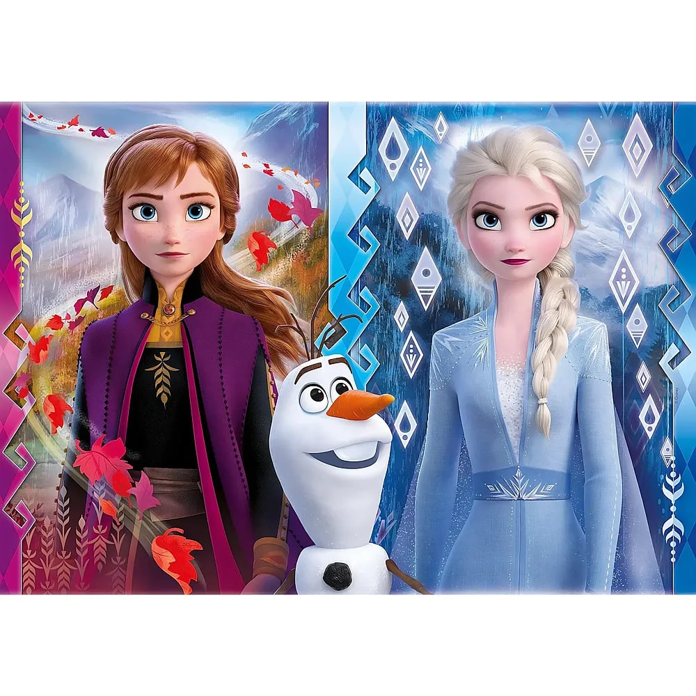 Anna y Elsa de Frozen están con Olaf frente a un colorido fondo otoñal y azul hielo.