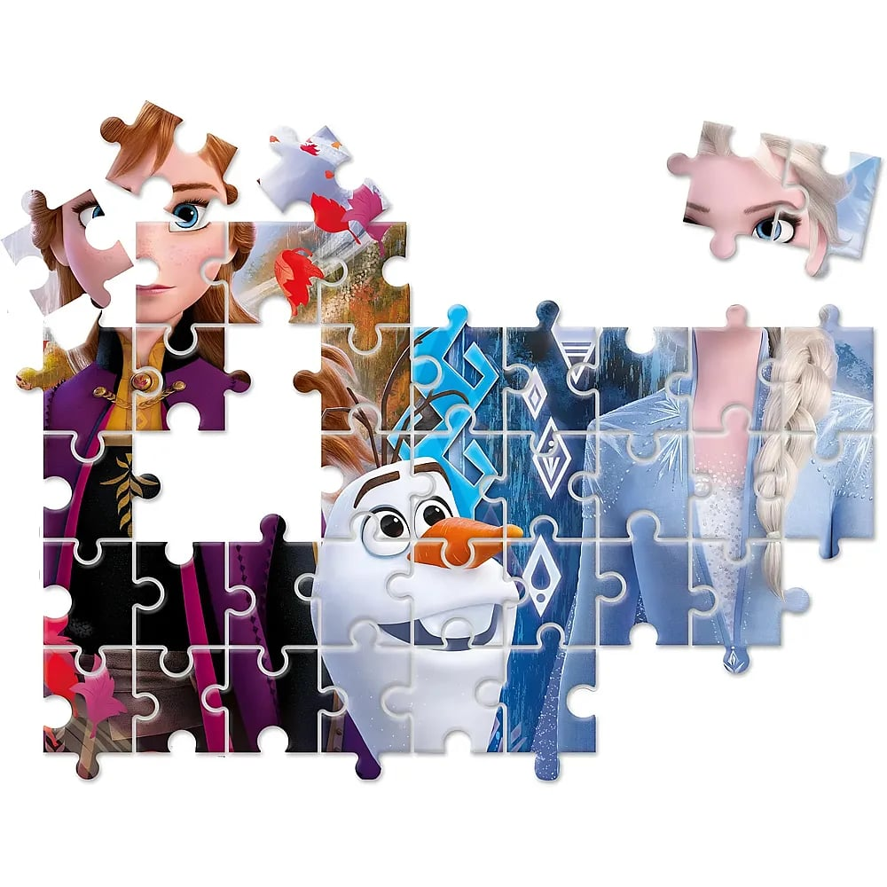 Un rompecabezas incompleto muestra a Anna, Olaf y Elsa de Frozen en una escena invernal.
