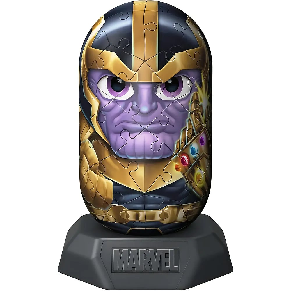 Un puzle 3D esférico de Thanos en diseño de Marvel con el Guantelete del Infinito en una base negra.