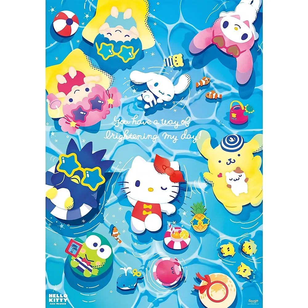Hello Kitty und Freunde schwimmen fröhlich in einem blauen Pool mit bunten Sommeraccessoires.