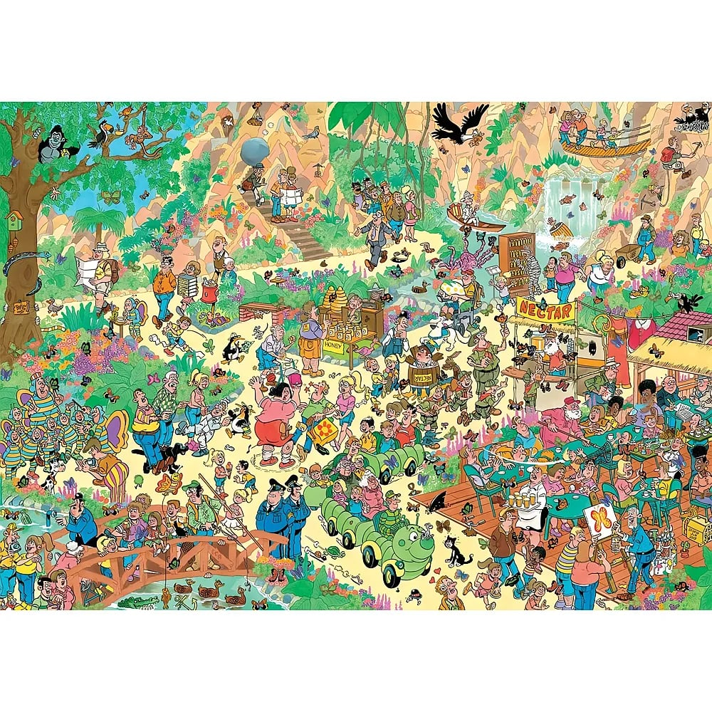 Eine lebhafte, detailreiche Cartoon-Illustration voller schrulliger Charaktere, Tiere und lebhafter Dschungelaktivitäten.