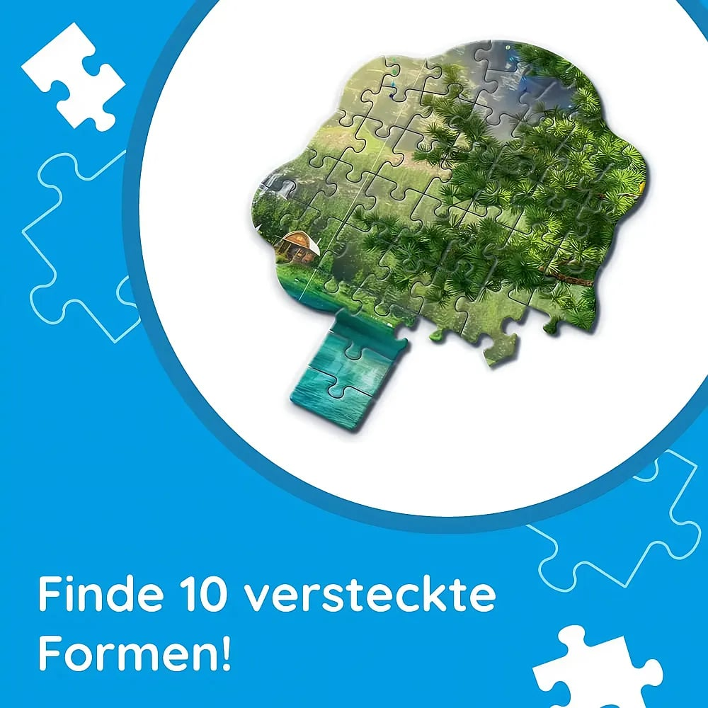 Ein gelöstes Baum-Puzzle auf blauem Hintergrund mit weißer Schrift.