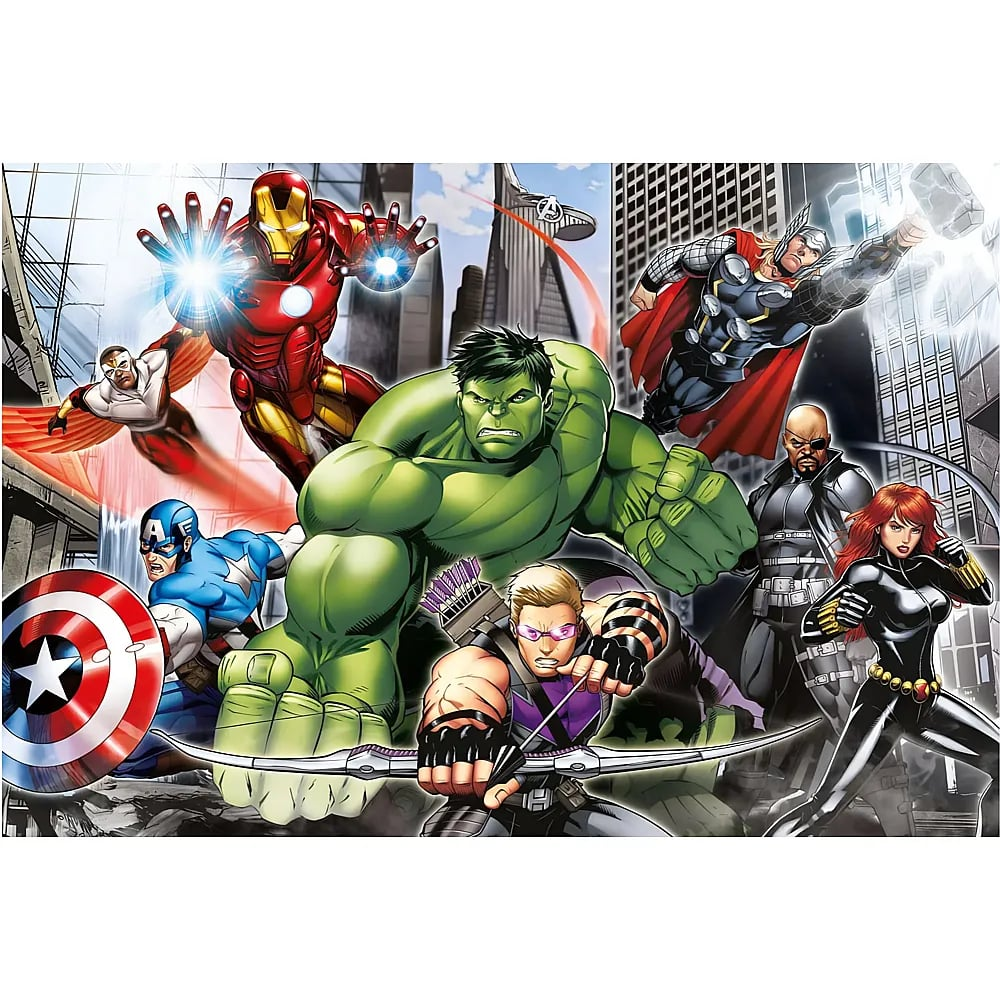 Comic-Illustration von Marvel-Superhelden wie Iron Man, Hulk, Captain America und Thor in einer Stadt.