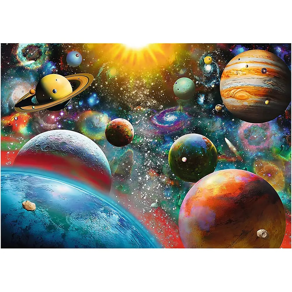 Colorful space scene with planets, stars, galaxies, and a bright sun in the background.