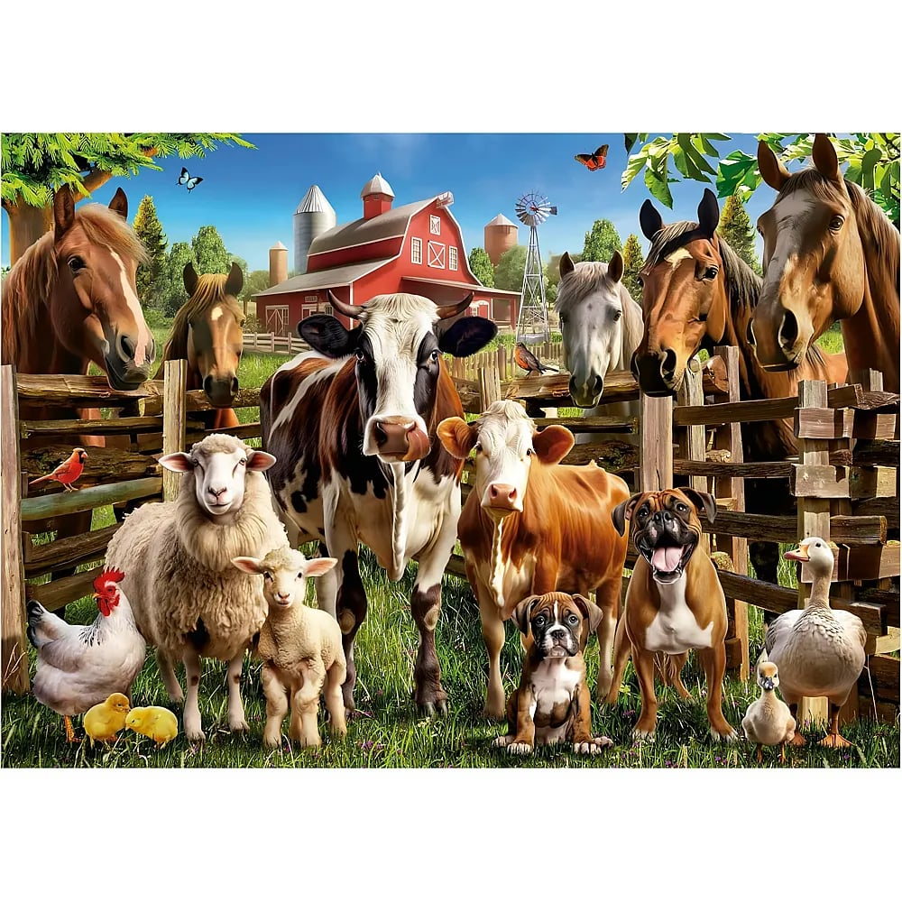 Bauernhoftiere wie Pferde, Kühe, Schafe, H Hunde und Enten versammeln sich vor einer roten Scheune.