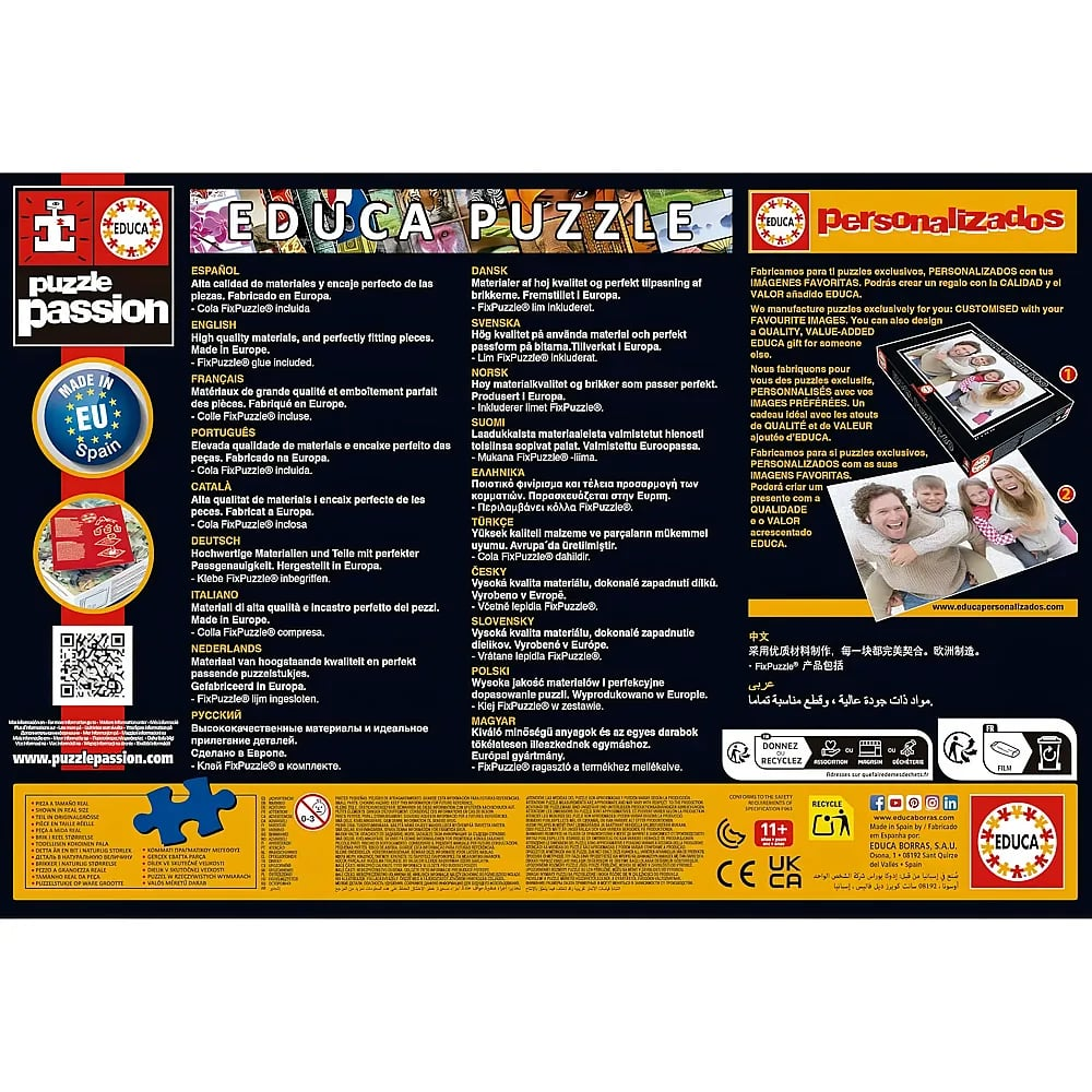 Rückseite einer Educa-Puzzlebox mit mehrsprachigem Text, Logos und Bild von personalisierten Fotopuzzles rechts.