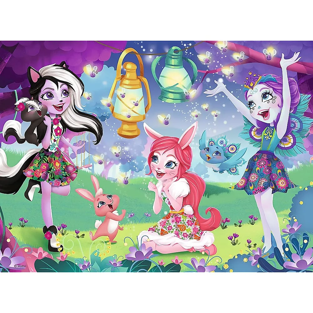 Drei Fantasy-Figuren mit tierischen Merkmalen feiern draußen mit leuchtenden Laternen.