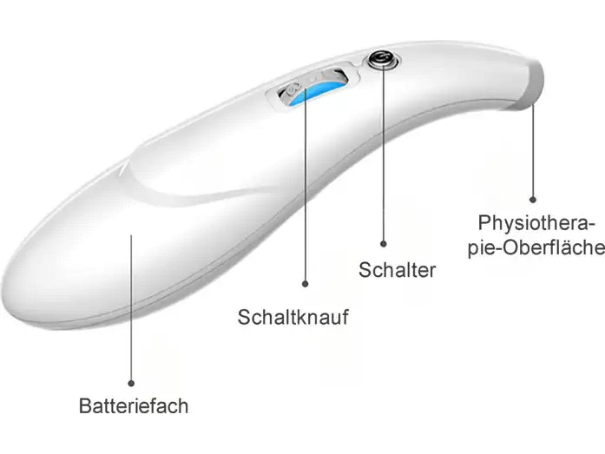 Weißes medizinisches Gerät mit Batterie, Schalter und Behandlungsfläche.
