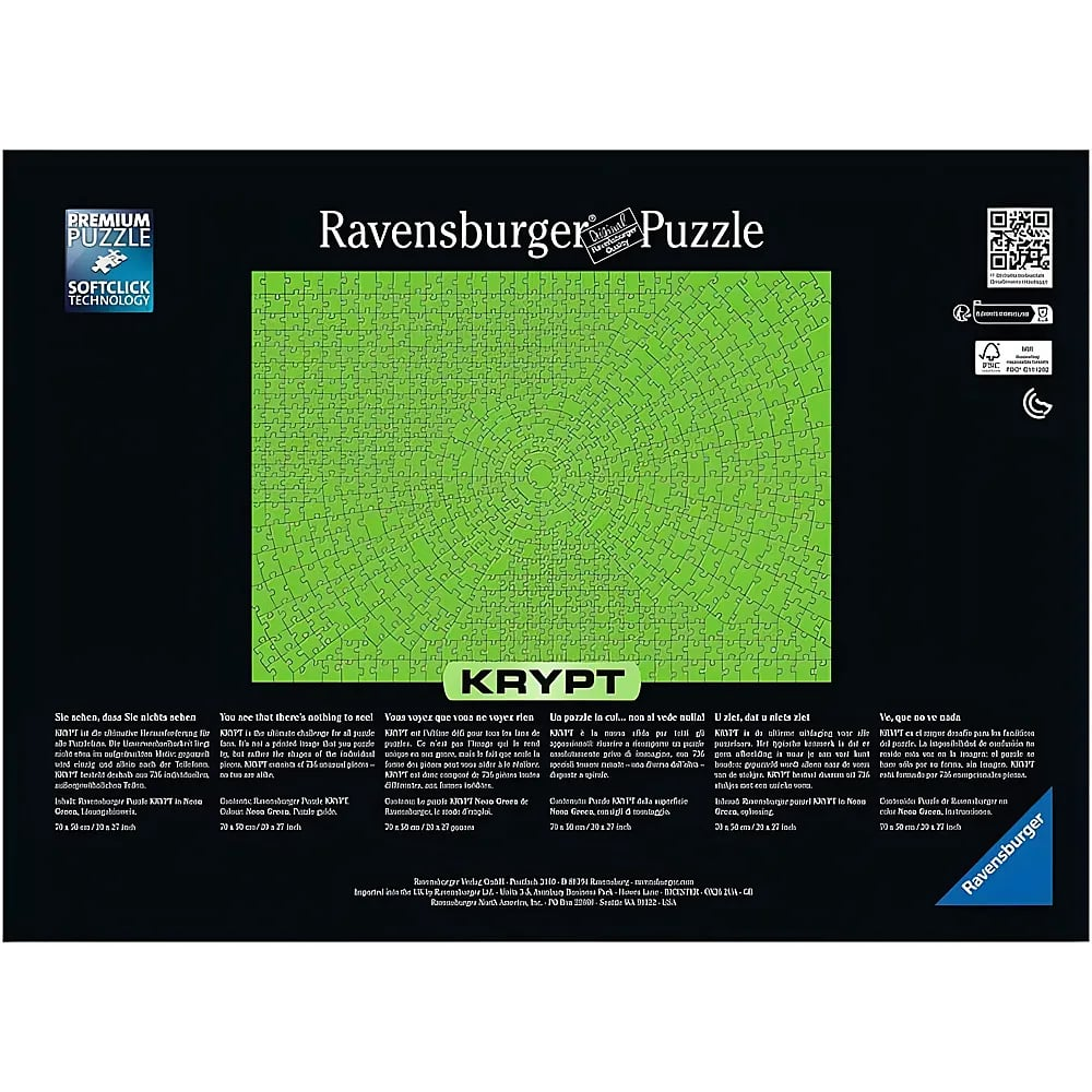 Ravensburger Krypt Puzzle in einfarbigem Grün auf schwarzer Verpackung.