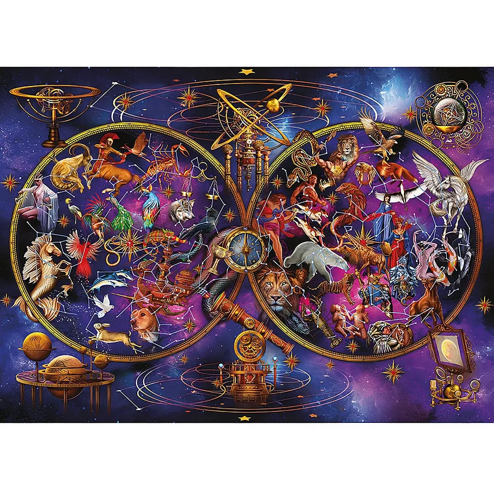Un mapa espacial colorido muestra constelaciones con animales y figuras, enmarcadas por dos anillos.