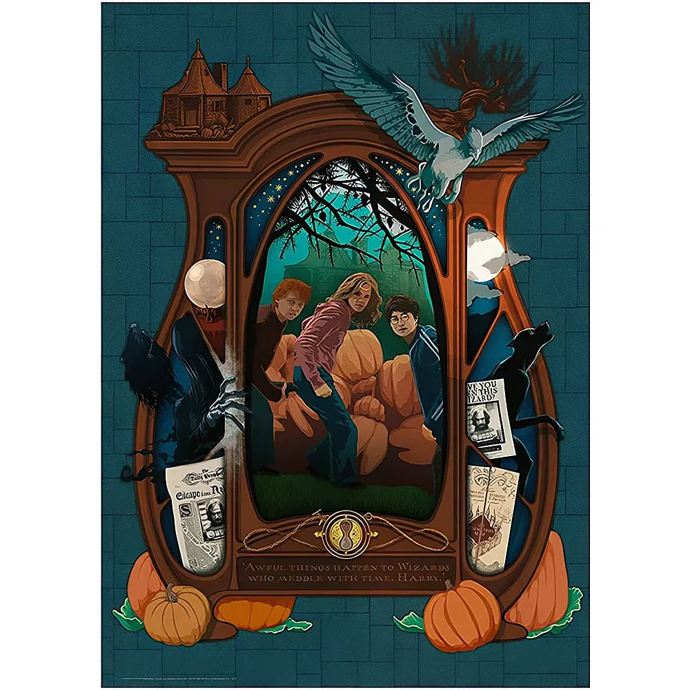 Harry Potter poster featuring Ron, Hermione, Hogwarts elements, and pumpkins on a blue background.