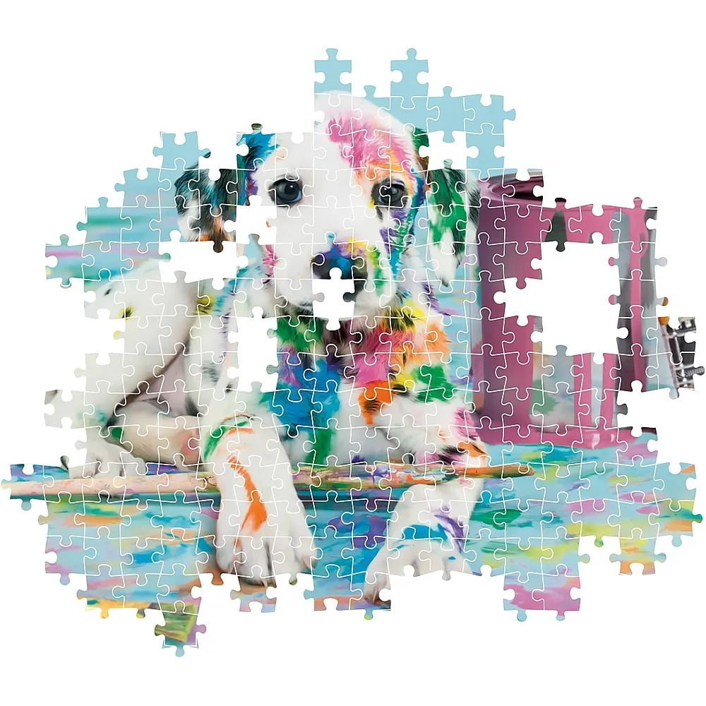 Een onvoltooide puzzel toont een Dalmatische puppy geschilderd in felle kleuren.