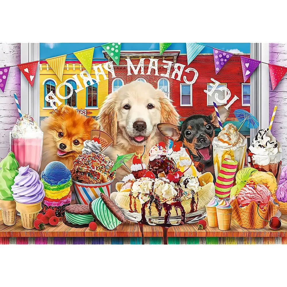 Drei süße Hunde umgeben von bunten Eisbechern und Milchkshakes vor einer Ladenfront.
