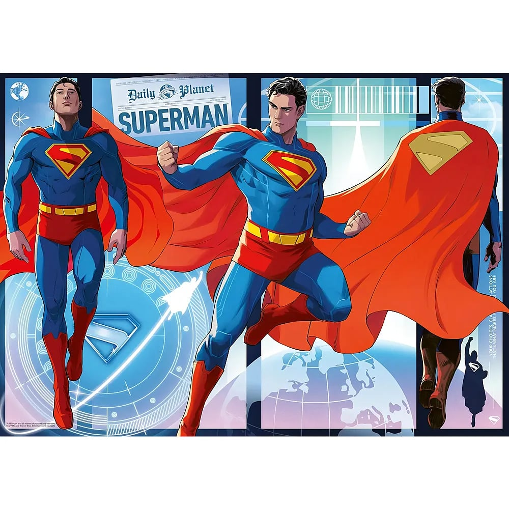 Comic-Illustration von Superman in verschiedenen Posen vor einem Daily-Planet-Hintergrund.