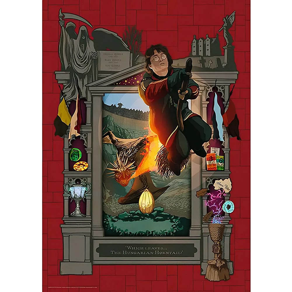Harry Potter flies on a broom, chased by a Hungarian Horntail dragon in front of a stone archway.
