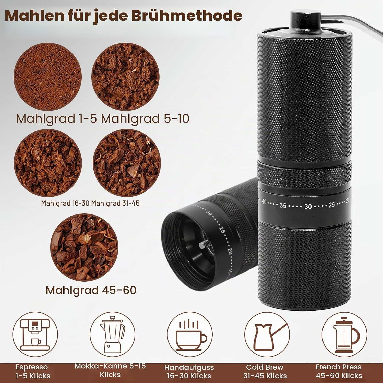 Eine schwarze Handkaffeemühle mit verschiedenen Mahlgraden und dazugehörigen Kaffeepulverproben.