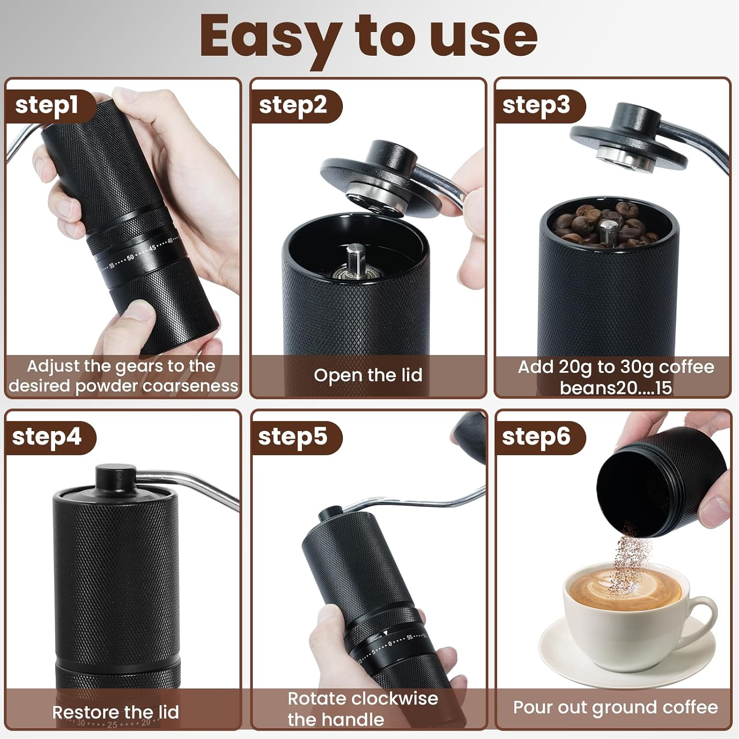 Sechs Schritte zur Benutzung einer manuellen Kaffeemühle vom Einstellen bis zum Aufgießen.