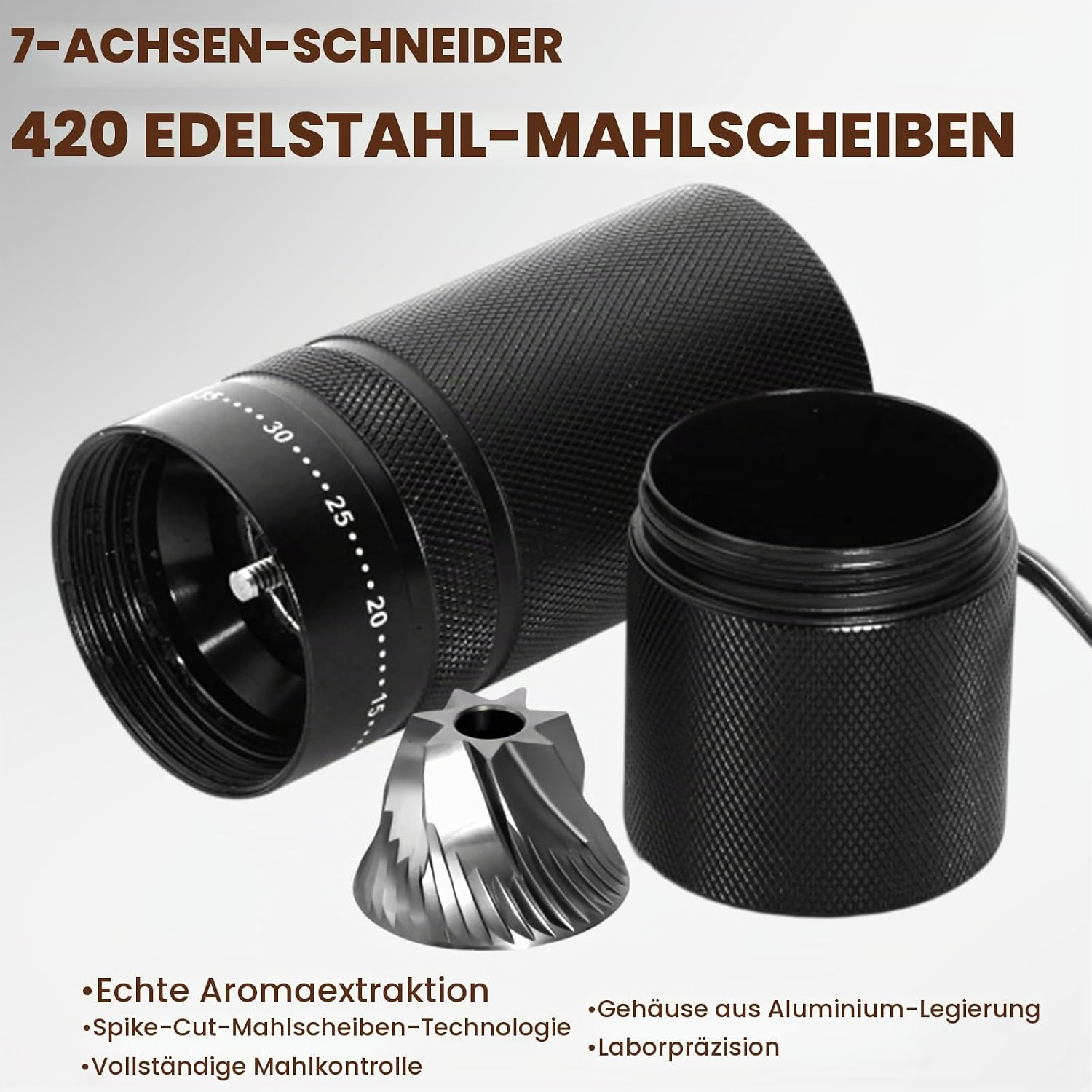 Schwarze Kaffeemühle mit Edelstahlscheiben und Text mit Produktmerkmalen.