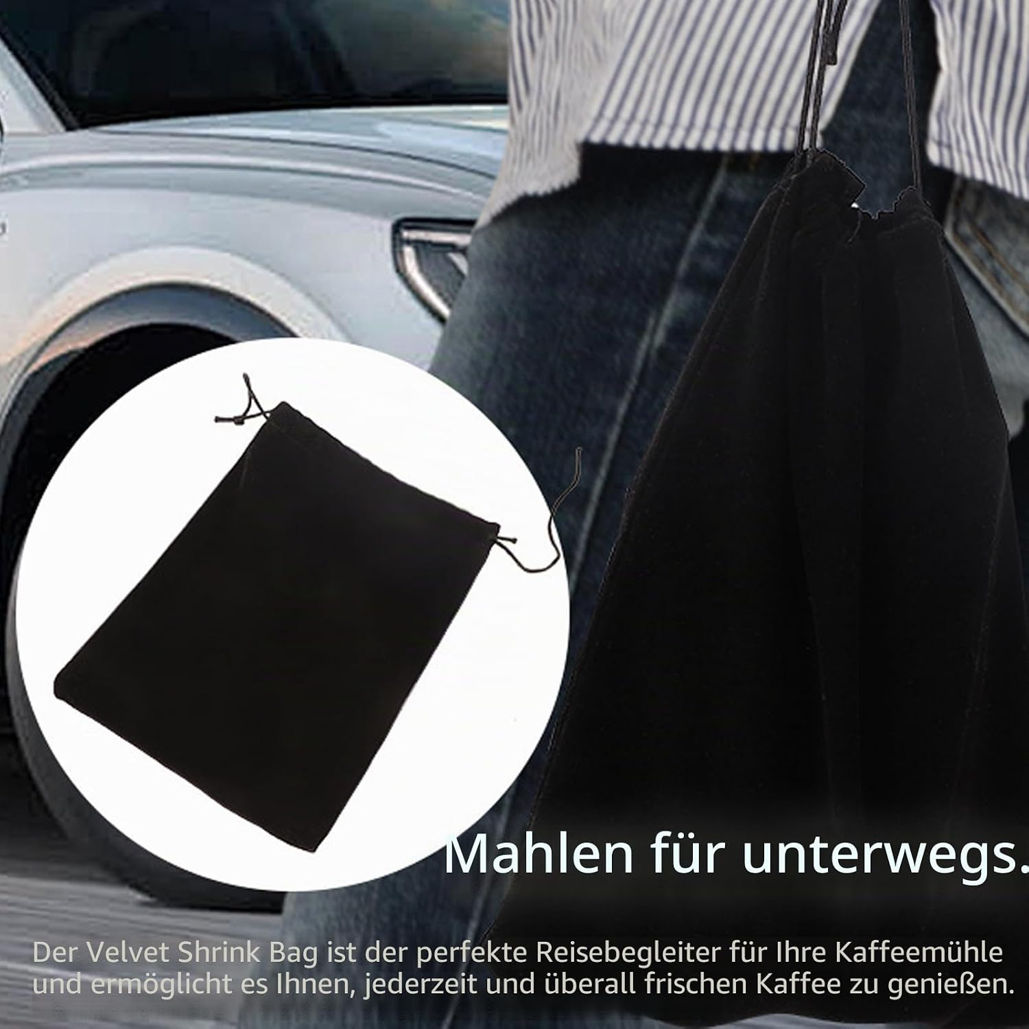 Ein schwarzer Samtbeutel mit Kordelzug, ideal als Reisebegleiter für eine Kaffeemühle.