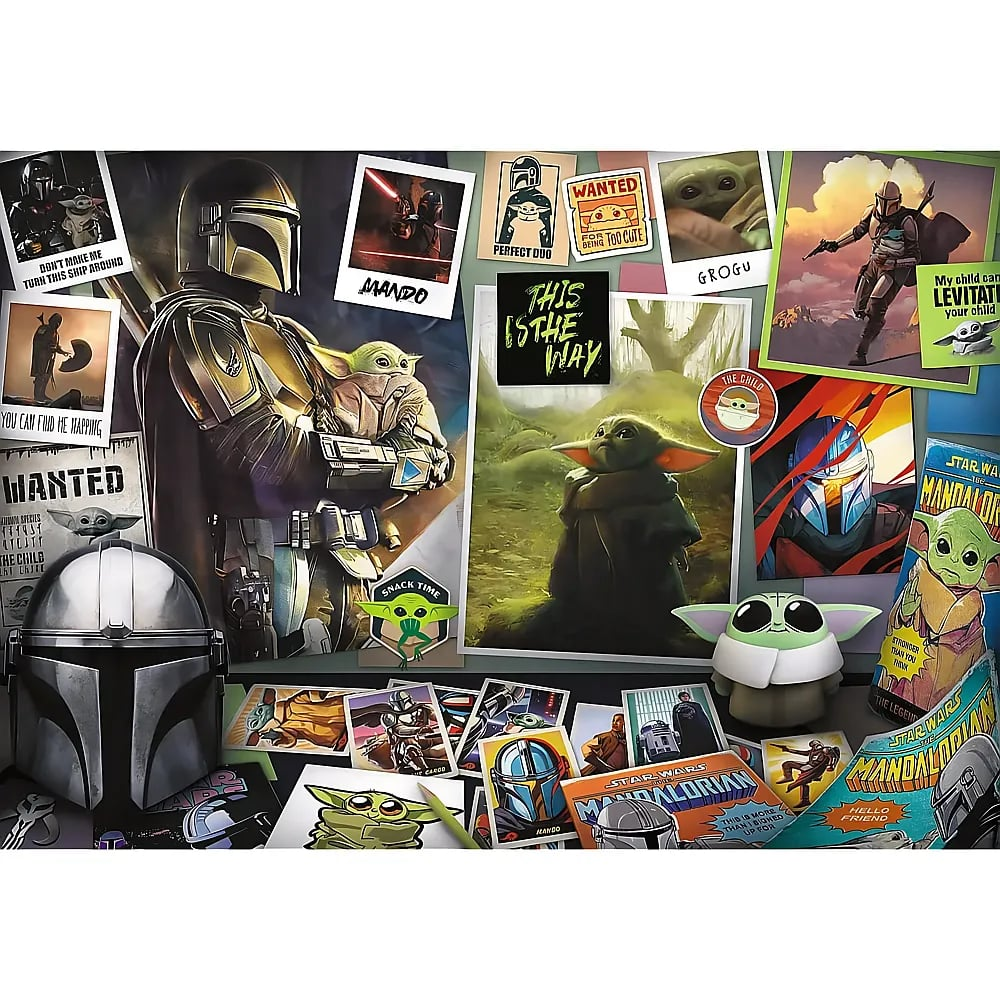 Een collage van Star Wars Mandalorian-afbeeldingen, posters en een helm, met Mando en Grogu.