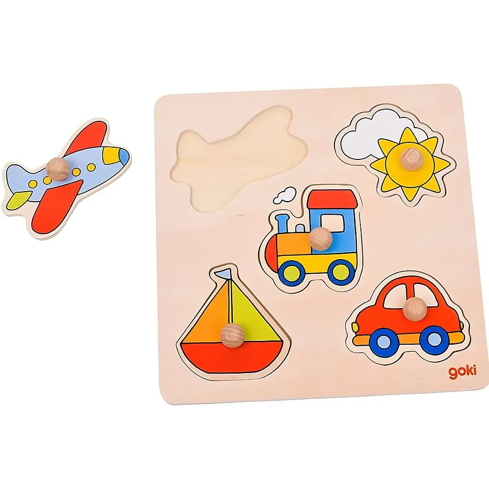Ein Holz-Steckpuzzle mit Fahrzeug- und Sonnenmotiven, wobei das Flugzeugteil herausgenommen ist.