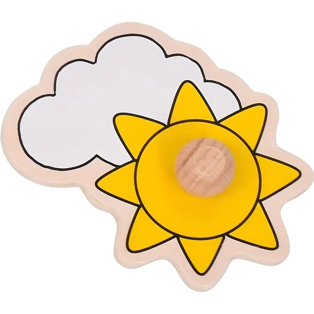 Ein hölzernes Puzzleteil zeigt eine weiße Wolke und eine gelbe Sonne mit einem Griff.