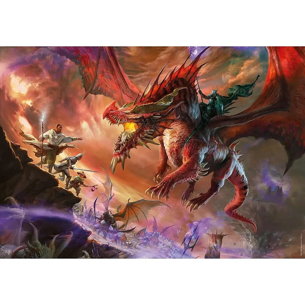 A dragon with a rider flies over a battling crowd against a cloudy sky.