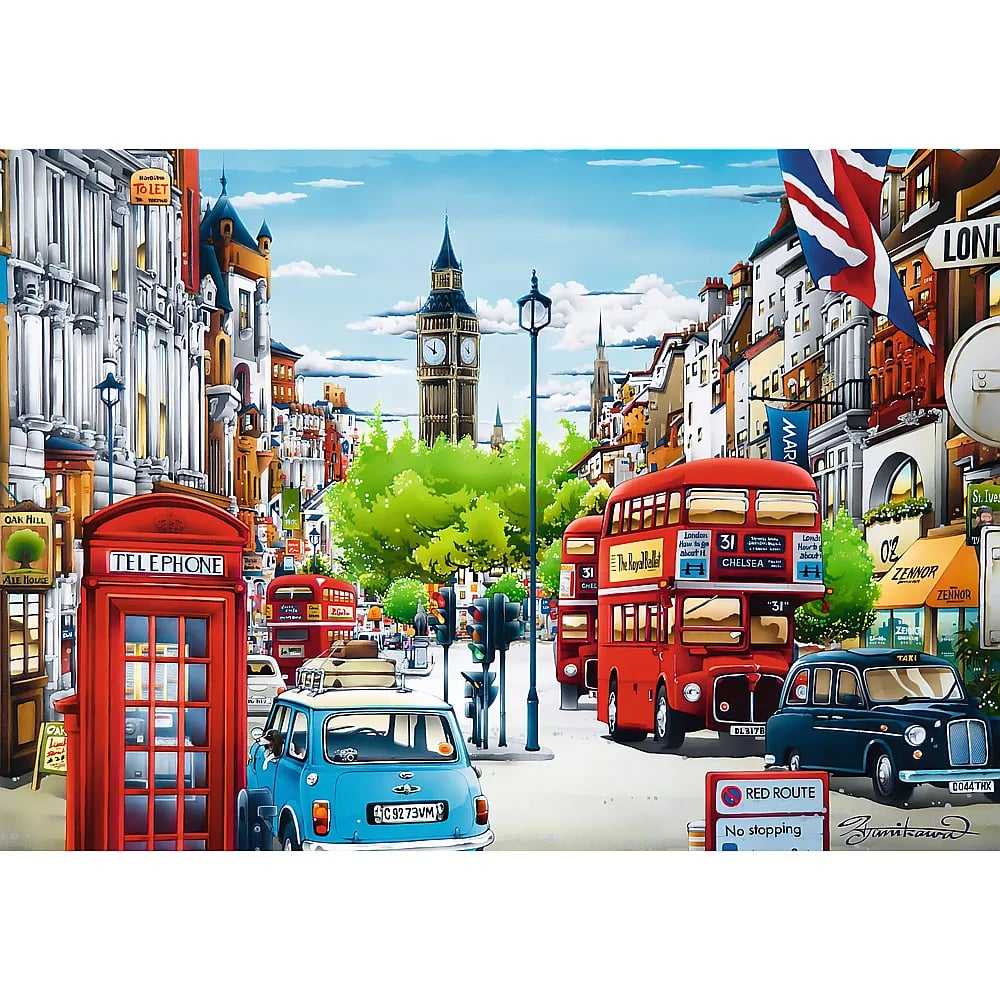 Painting of a busy London street with a red telephone booth, double-decker buses, and Big Ben in the background.
