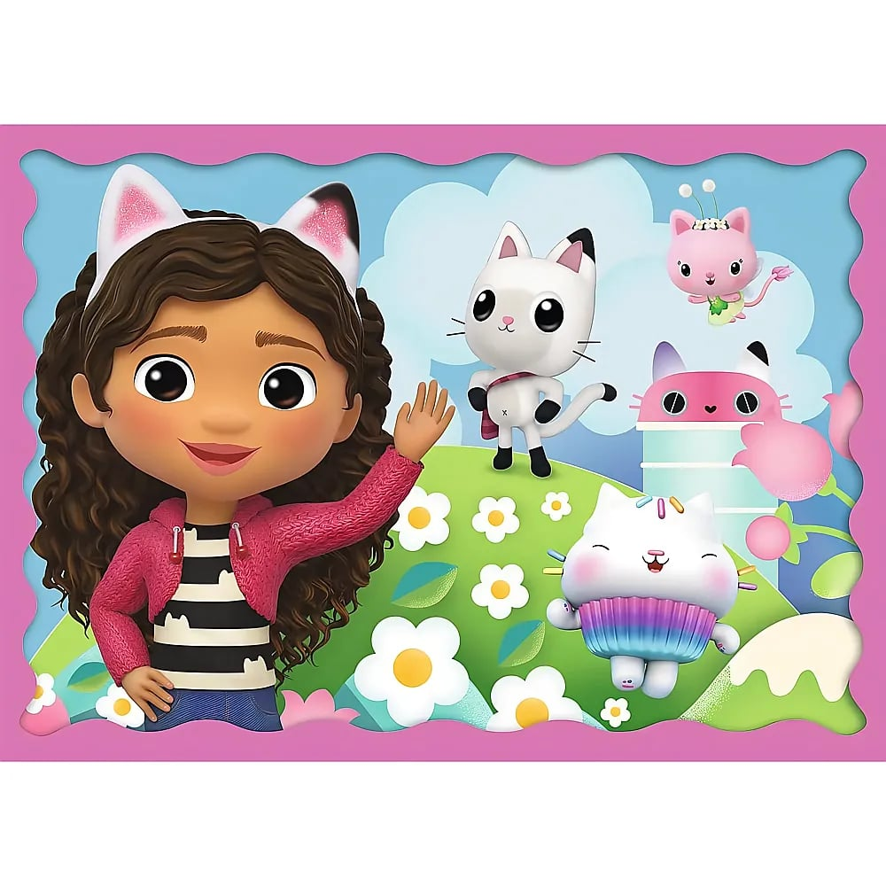 Una ragazza con orecchie da gatto saluta in un mondo fantastico colorato con gatti e fiori.