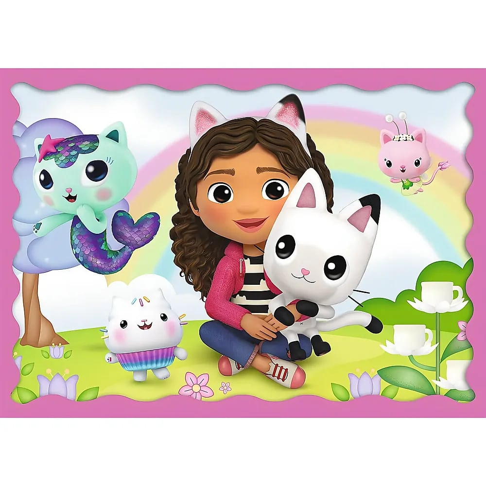 Una bambina con orecchie da gatto tiene un gatto giocattolo bianco, circondata da personaggi animati.