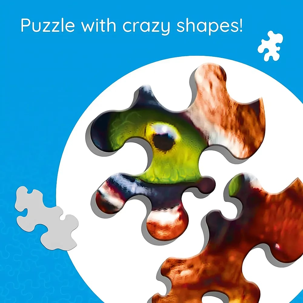 A colorful puzzle with curvy pieces on a blue background and the text Puzzle with crazy shapes.