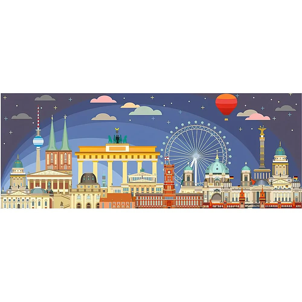 Flache Vektorillustration der Berliner Skyline bei Nacht mit berühmten Sehenswürdigkeiten und Heißluftballon.