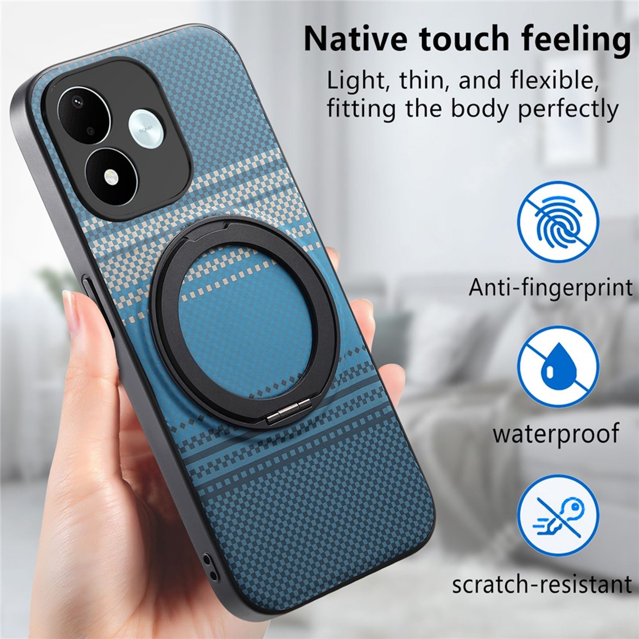 Hand gehaltenes blaues Handy mit geometrischem Muster, Kameramodul, Ringhalter und Feature-Icons.