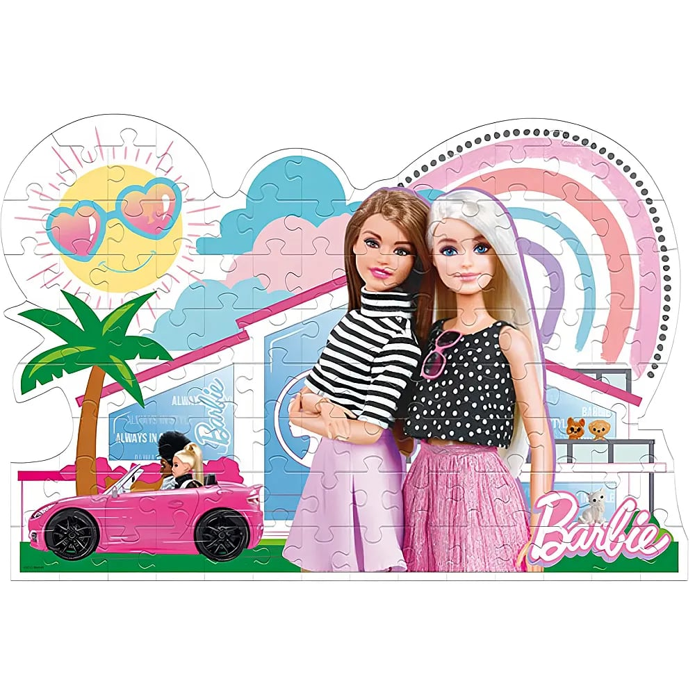 Ein Barbie-Puzzle mit zwei Puppen, einem rosa Auto, einer Palme und einem Regenbogen im Hintergrund.