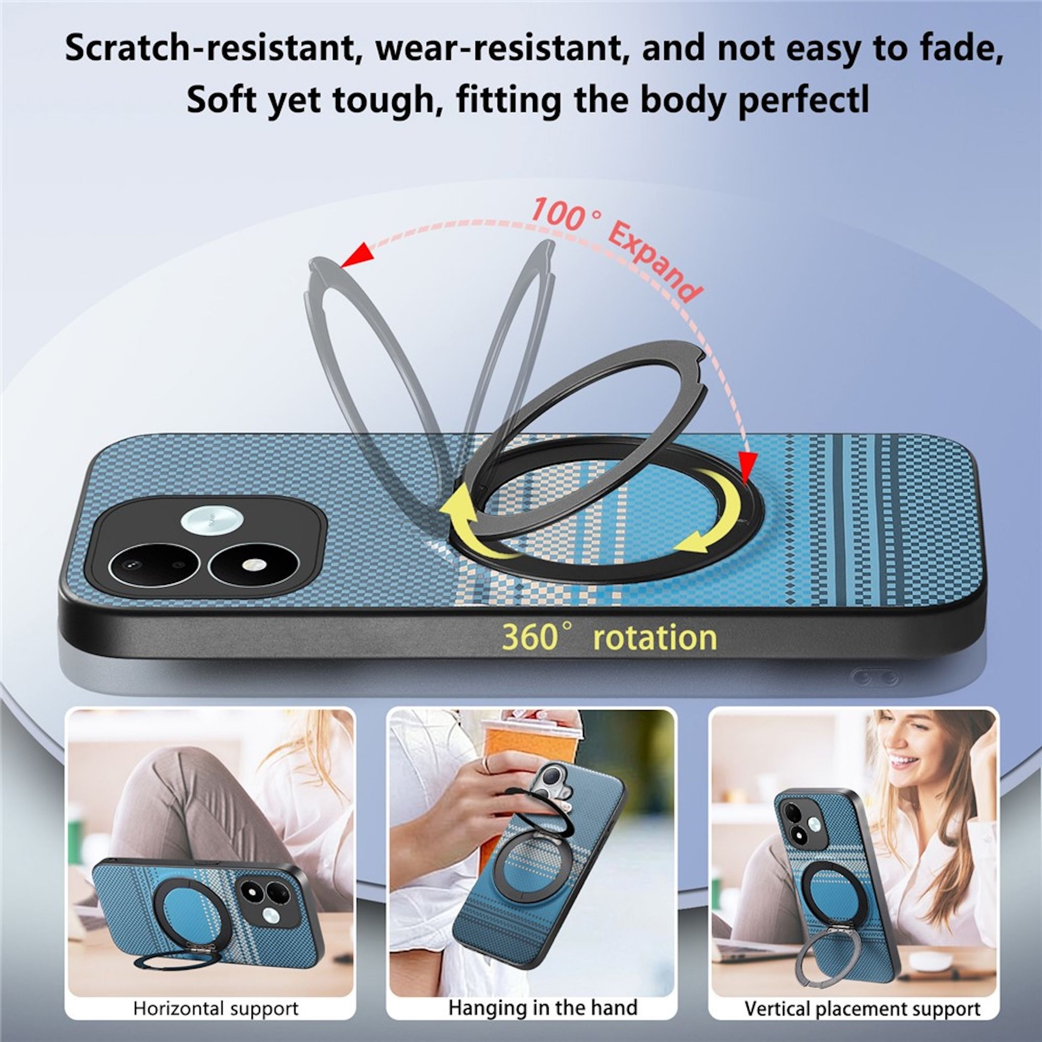 Blaue Handytasche mit Ringhalter, der sich um 360 Grad drehen und 100 Grad ausklappen lässt.