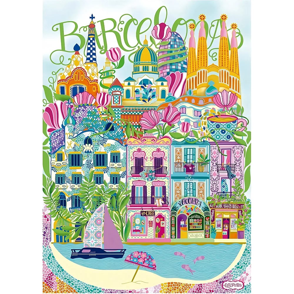 Colorida ilustración de Barcelona con edificios famosos, flores, una playa y un velero.