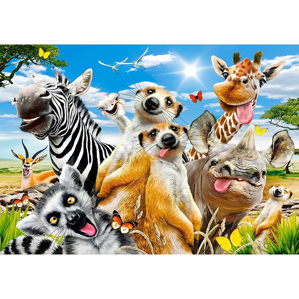 Verschiedene glückliche afrikanische Tiere lächeln und strecken in einer farbenfrohen Savannenszene die Zunge heraus.
