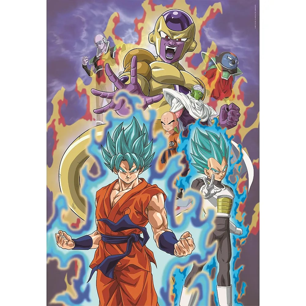 Anime poster featuring Goku and Vegeta in blue hair surrounded by blue energy, with Frieza and other characters.