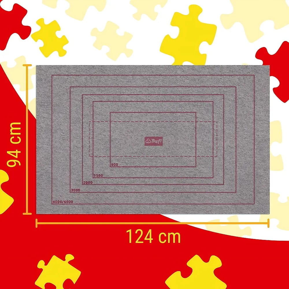 Graue Filz-Puzzlematte mit roten Umrissen für Größen bis 6000 Teile, 124x94 cm, vor Puzzle-Hintergrund.