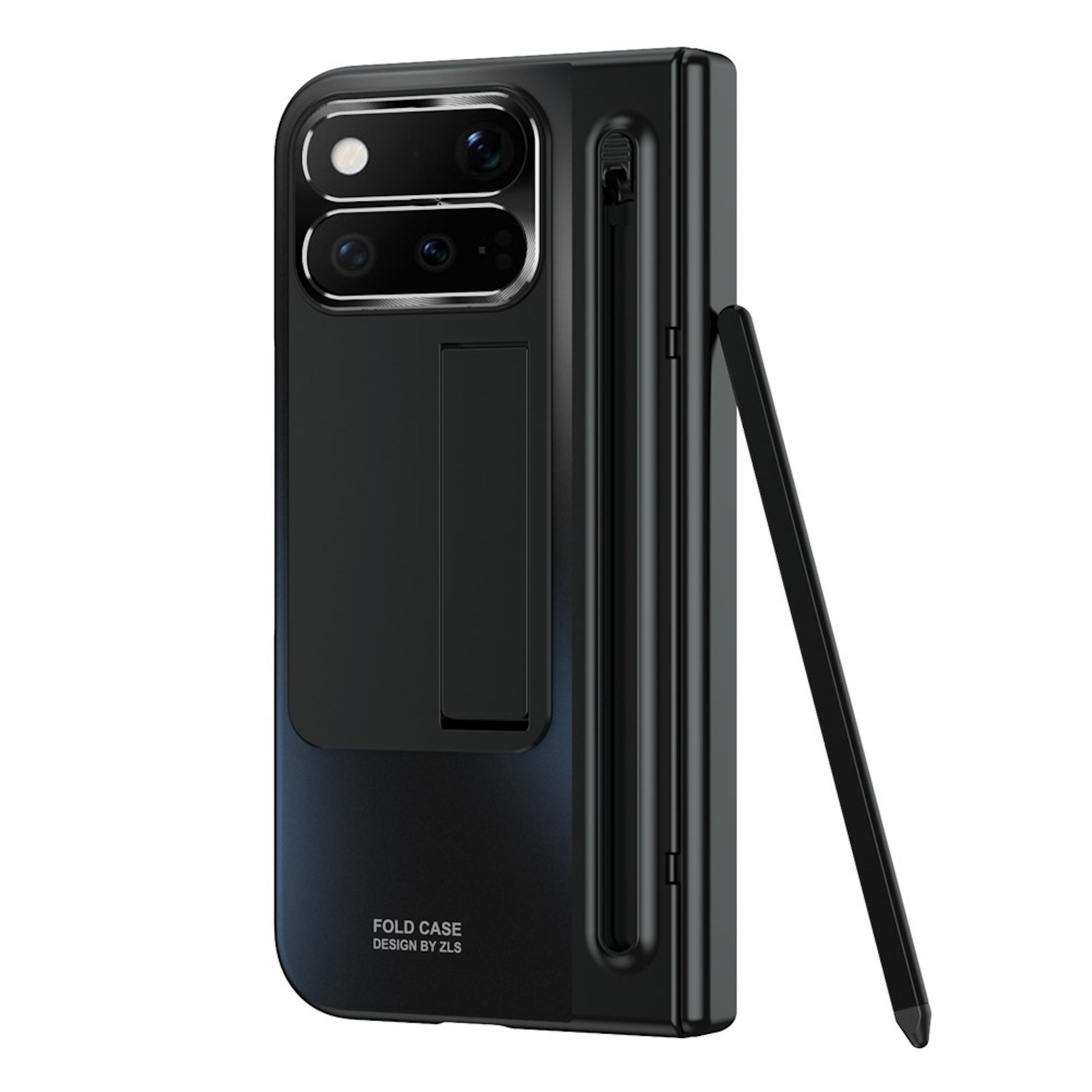 Schwarze Falthülle für Mobiltelefone mit Ständer und Stift.