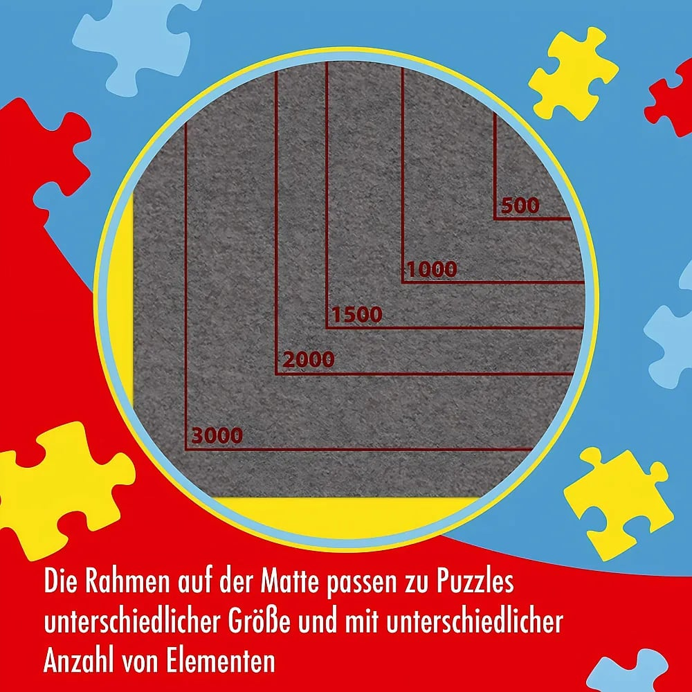Eine Puzzlematte mit Größenlinien für 500 bis 3000 Teile, umgeben von bunten Puzzleteilen.