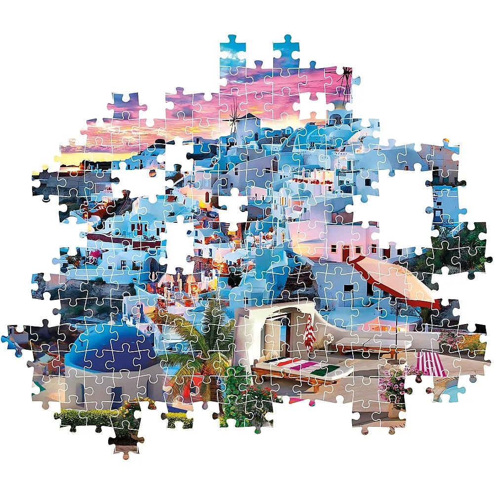 Onvolledige puzzel toont een schilderachtig Grieks dorp bij zonsondergang.